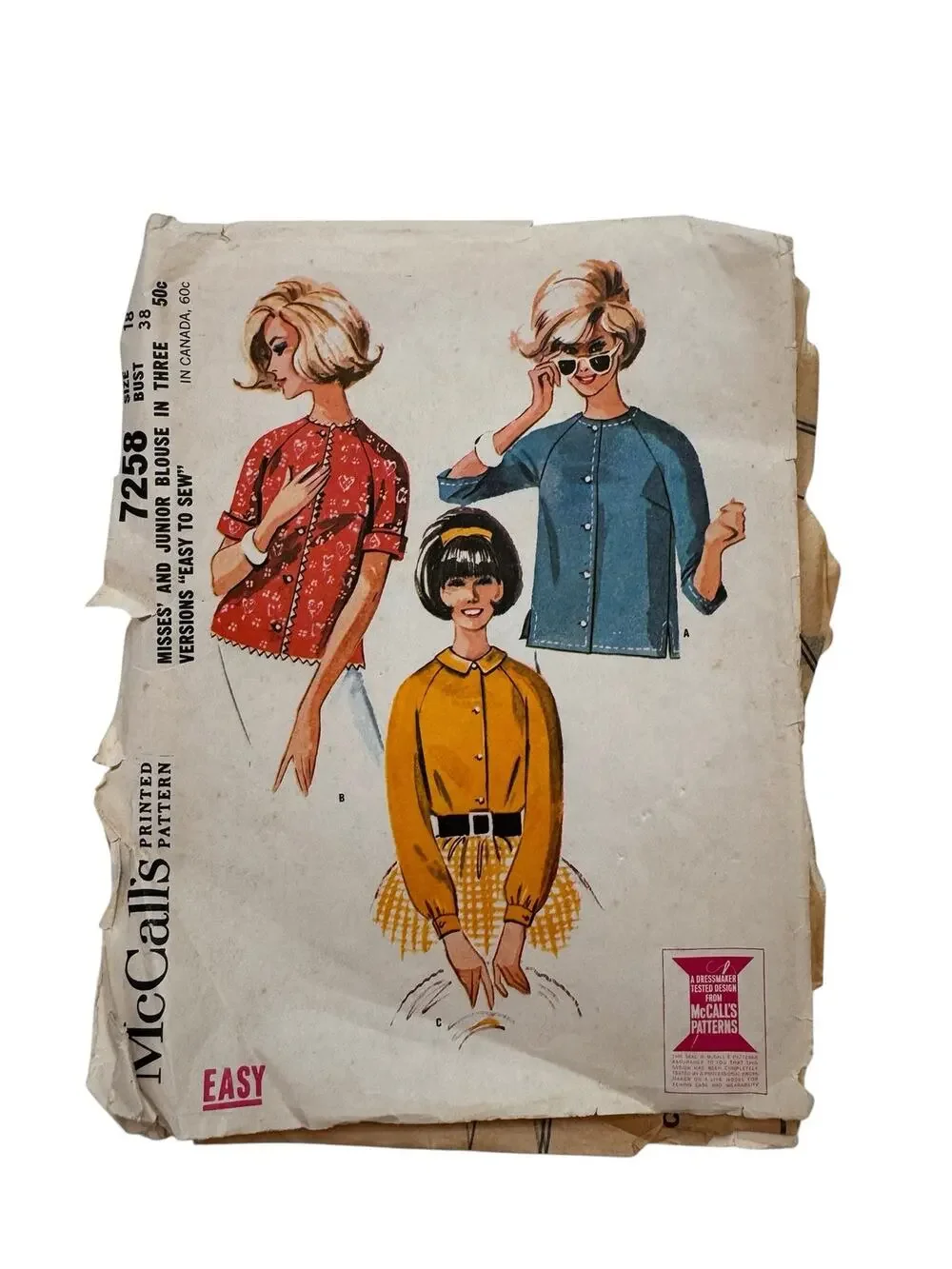 Vintage MCCALLS Pattern Blouse in 3 Versions 1964 Size 18 (Bust 38) Cut Easy
